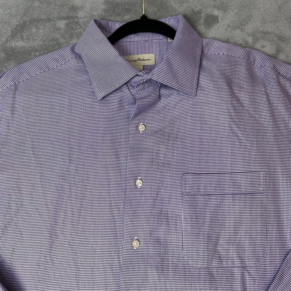 TOMMY BAHAMA Men's Purple Houndstooth Long Sleeve Dress Shirt Neck Size 17.5